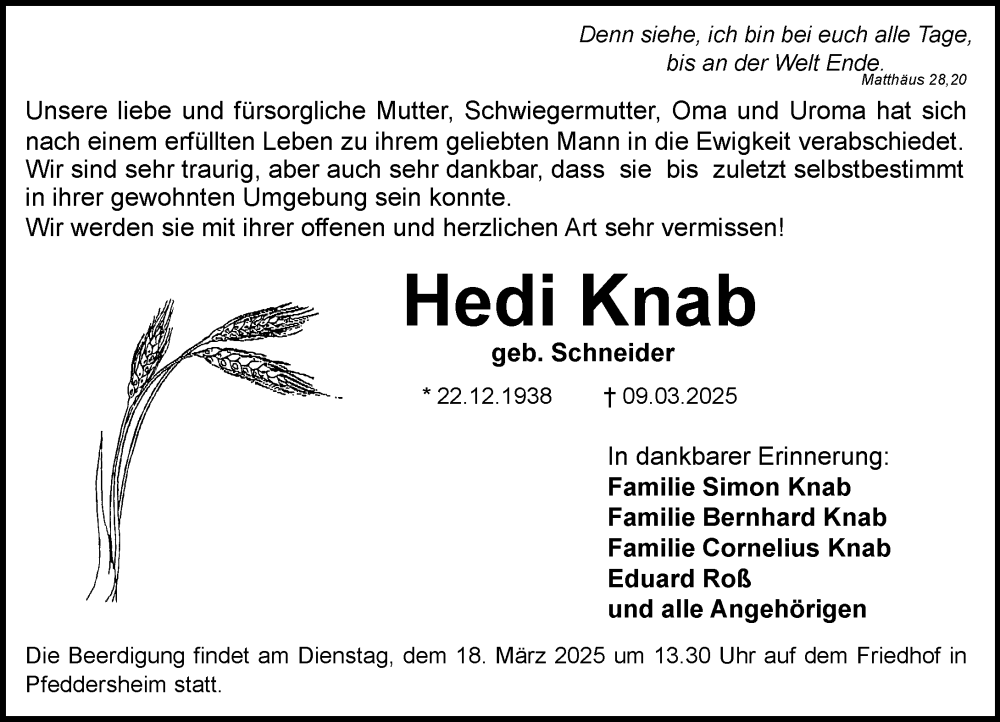  Traueranzeige für Hedi Knab vom 15.03.2025 aus Wormser Zeitung