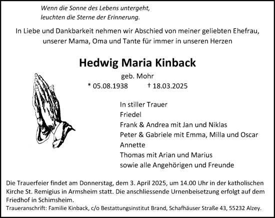 Traueranzeige von Hedwig Maria Kinback von Allgemeine Zeitung Alzey