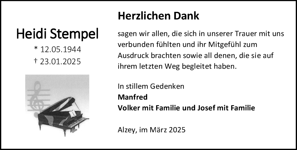  Traueranzeige für Heidi Stempel vom 29.03.2025 aus Allgemeine Zeitung Alzey