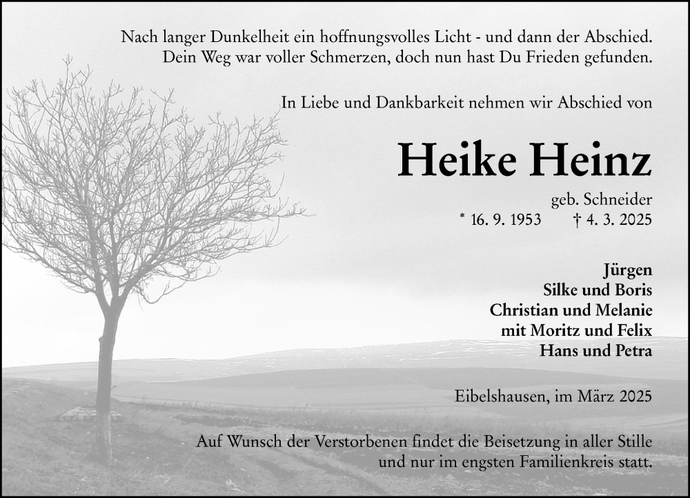  Traueranzeige für Heike Heinz vom 06.03.2025 aus Dill Block