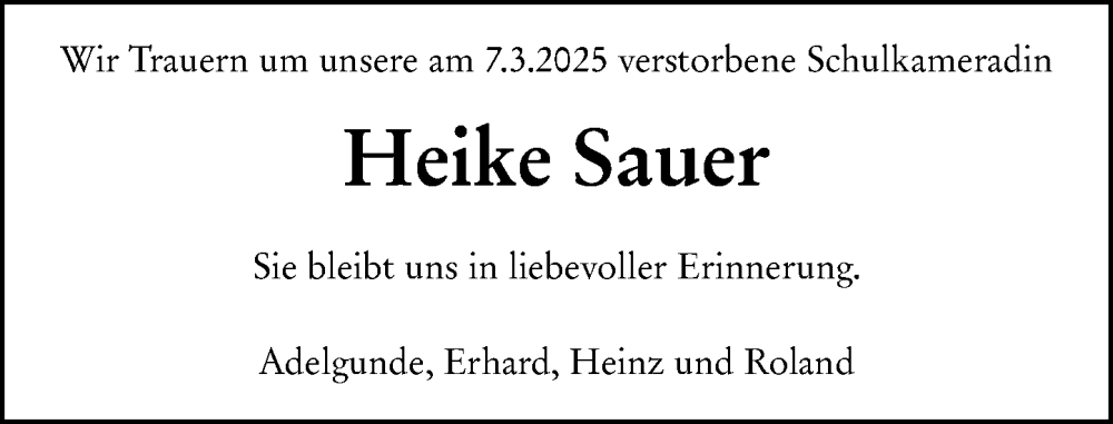  Traueranzeige für Heike Sauer vom 26.03.2025 aus Weilburger Tageblatt