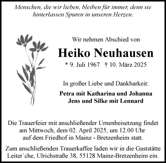Traueranzeige von Heiko Neuhausen von Allgemeine Zeitung Mainz