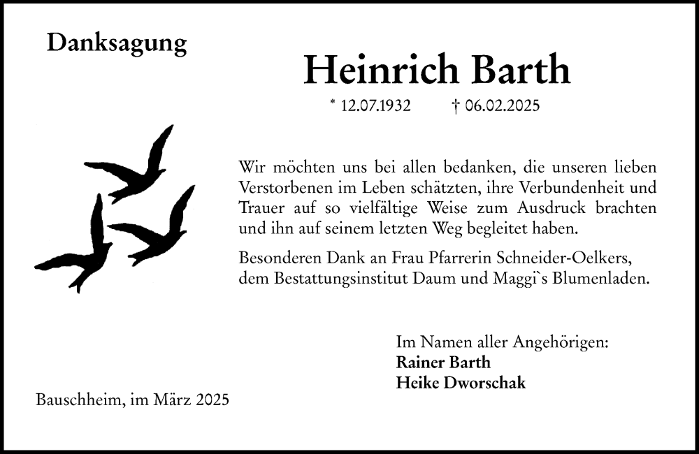  Traueranzeige für Heinrich Barth vom 15.03.2025 aus Rüsselsheimer Echo