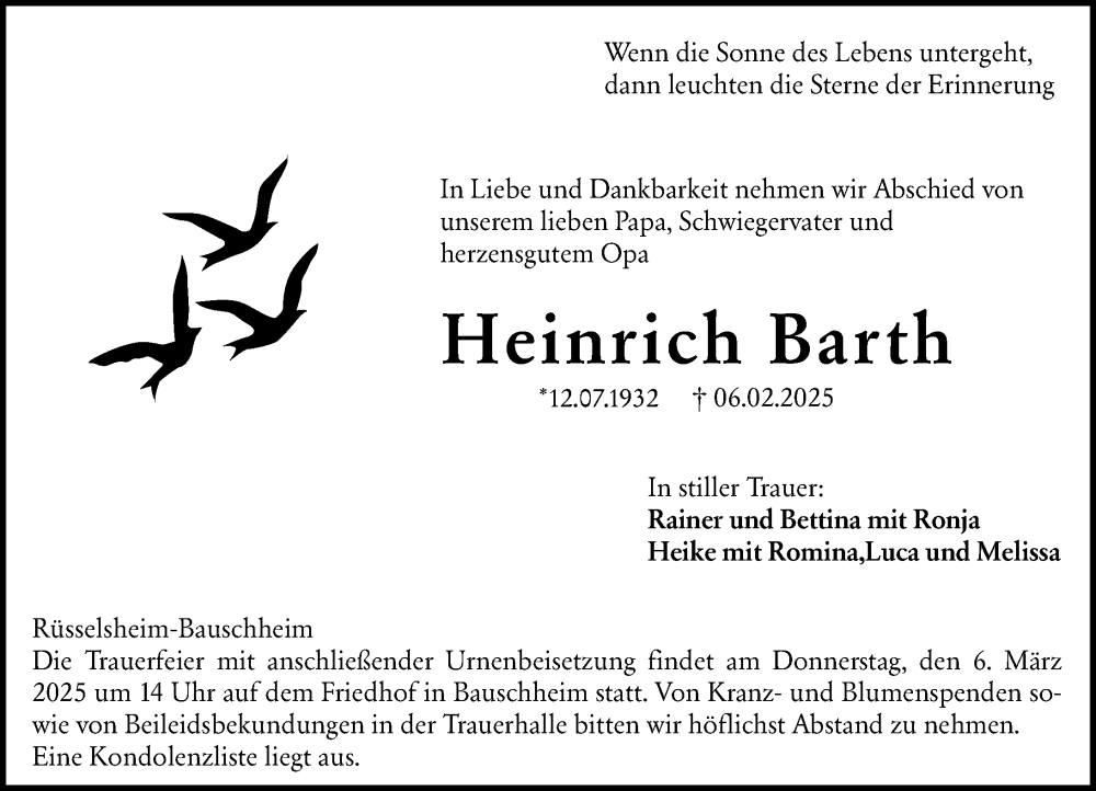  Traueranzeige für Heinrich Barth vom 01.03.2025 aus Rüsselsheimer Echo