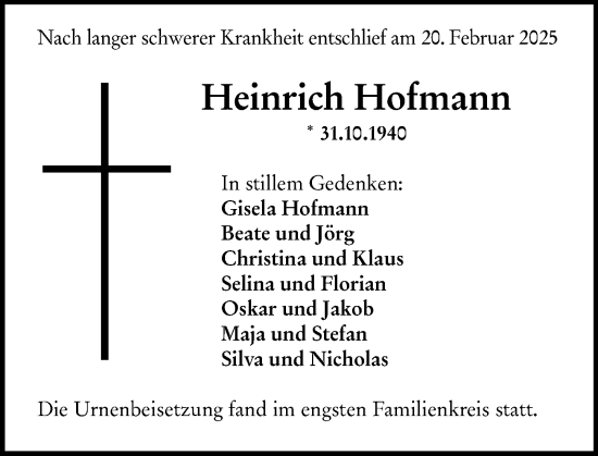 Traueranzeige von Heinrich Hofmann von Darmstädter Echo