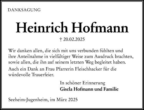 Traueranzeige von Heinrich Hofmann von Darmstädter Echo