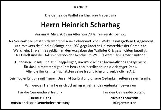 Traueranzeige von Heinrich Scharhag von Rheingau Kurier