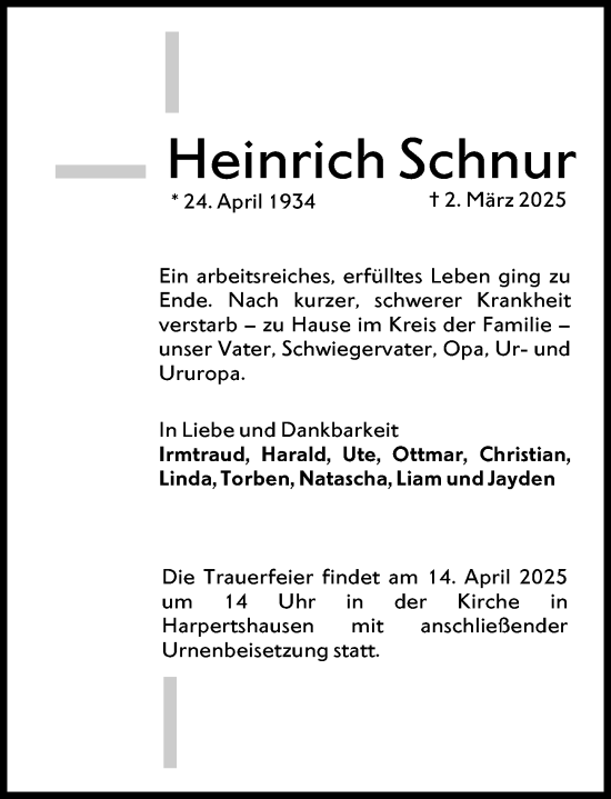 Traueranzeige von Heinrich Schnur von Darmstädter Echo