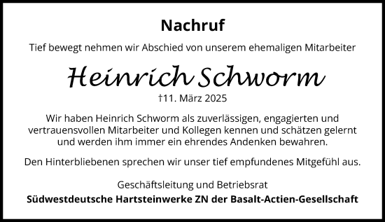 Traueranzeige von Heinrich Schworm von Allgemeine Zeitung Alzey