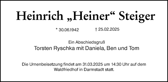 Traueranzeige von Heinrich Steiger von Darmstädter Echo