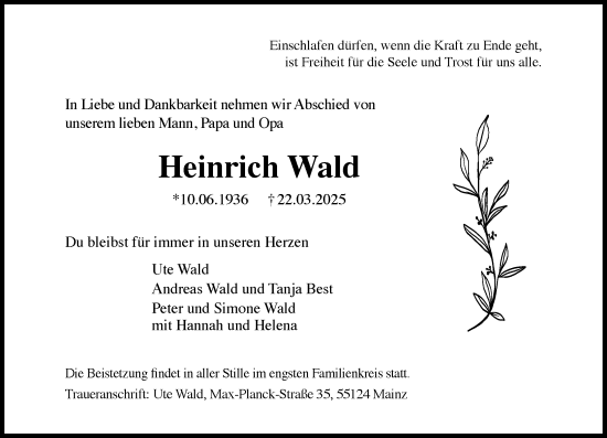 Traueranzeige von Heinrich Wald von Allgemeine Zeitung Mainz