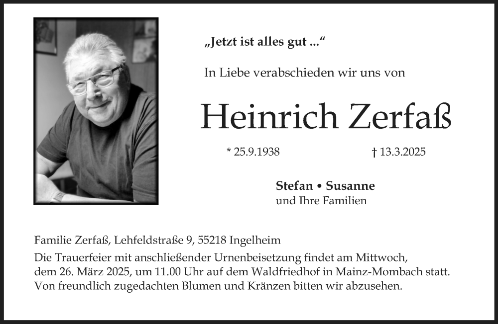  Traueranzeige für Heinrich Zerfaß vom 22.03.2025 aus Allgemeine Zeitung Mainz