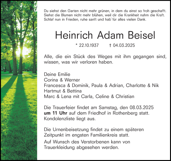 Traueranzeige von Heinrich Adam Beisel von Odenwälder Echo