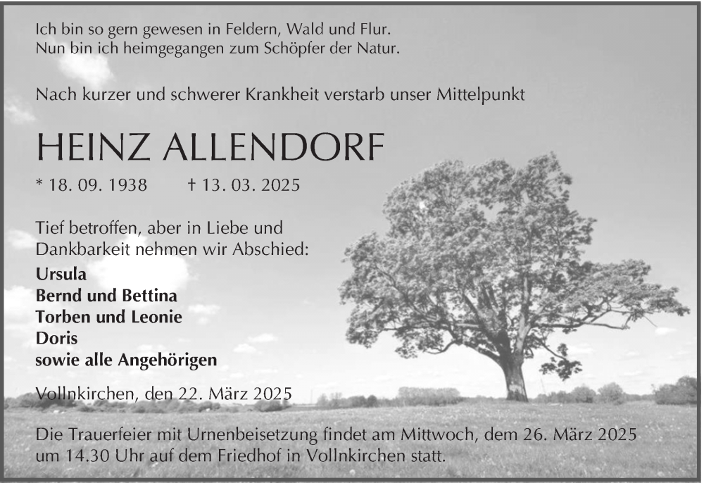  Traueranzeige für Heinz Allendorf vom 22.03.2025 aus Wetzlarer Neue Zeitung