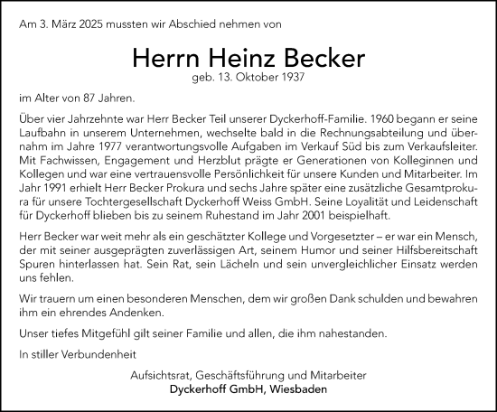 Traueranzeige von Heinz Becker von Wiesbadener Kurier