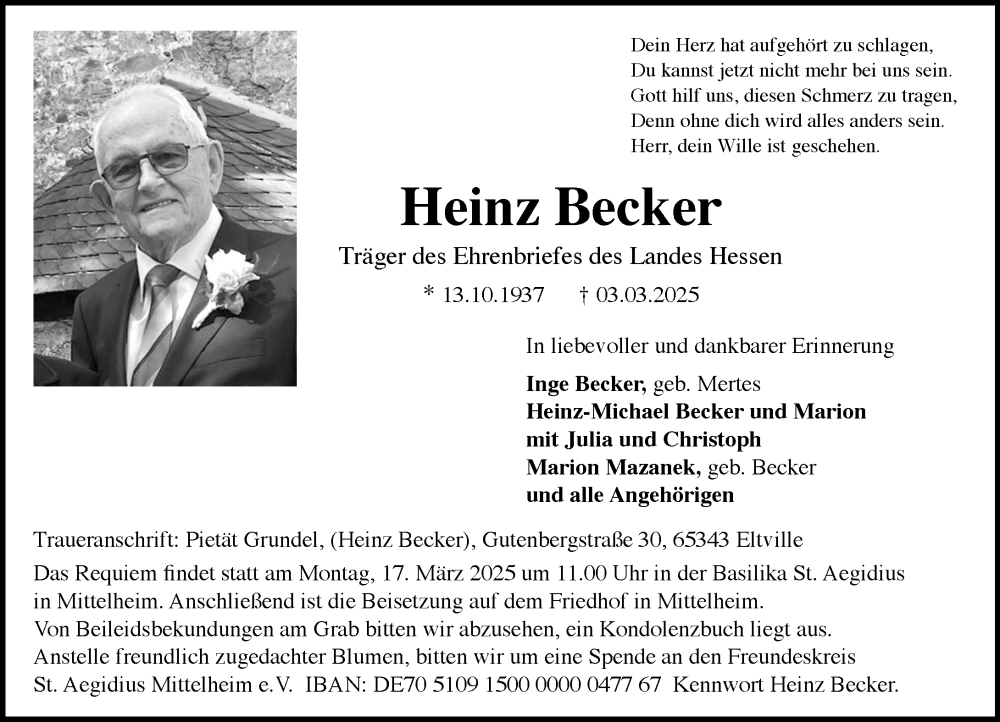  Traueranzeige für Heinz Becker vom 12.03.2025 aus Wiesbadener Kurier