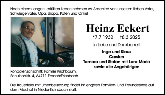 Traueranzeige von Heinz Eckert von Odenwälder Echo