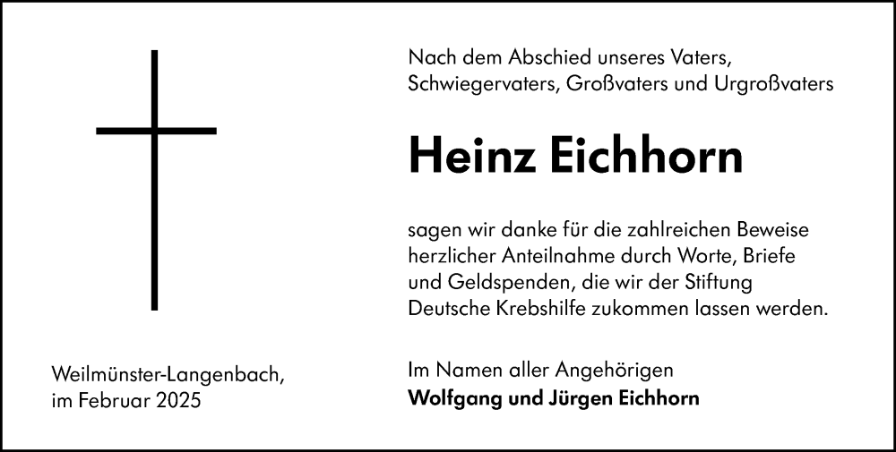  Traueranzeige für Heinz Eichhorn vom 01.03.2025 aus Weilburger Tageblatt