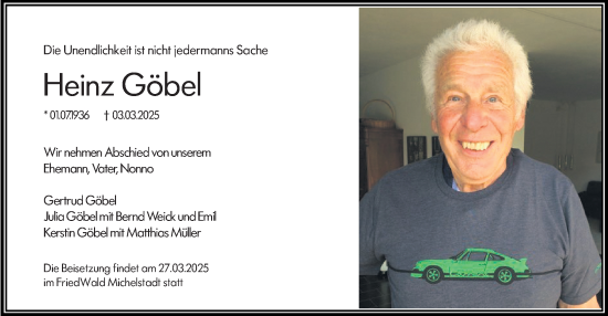 Traueranzeige von Heinz Göbel von Dieburger Anzeiger/Groß-Zimmerner Lokal-Anzeiger