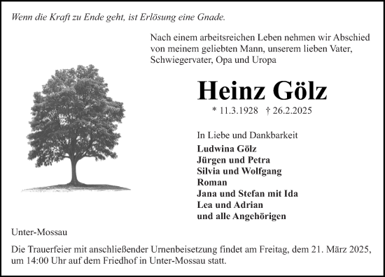 Traueranzeige von Heinz Gölz von Odenwälder Echo
