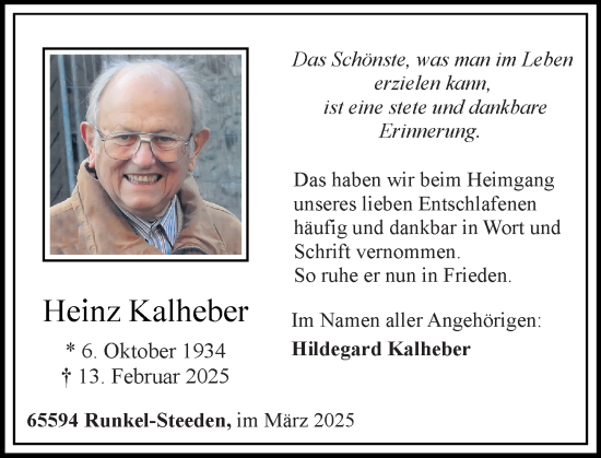 Traueranzeige von Heinz Kalheber von Weilburger Tageblatt