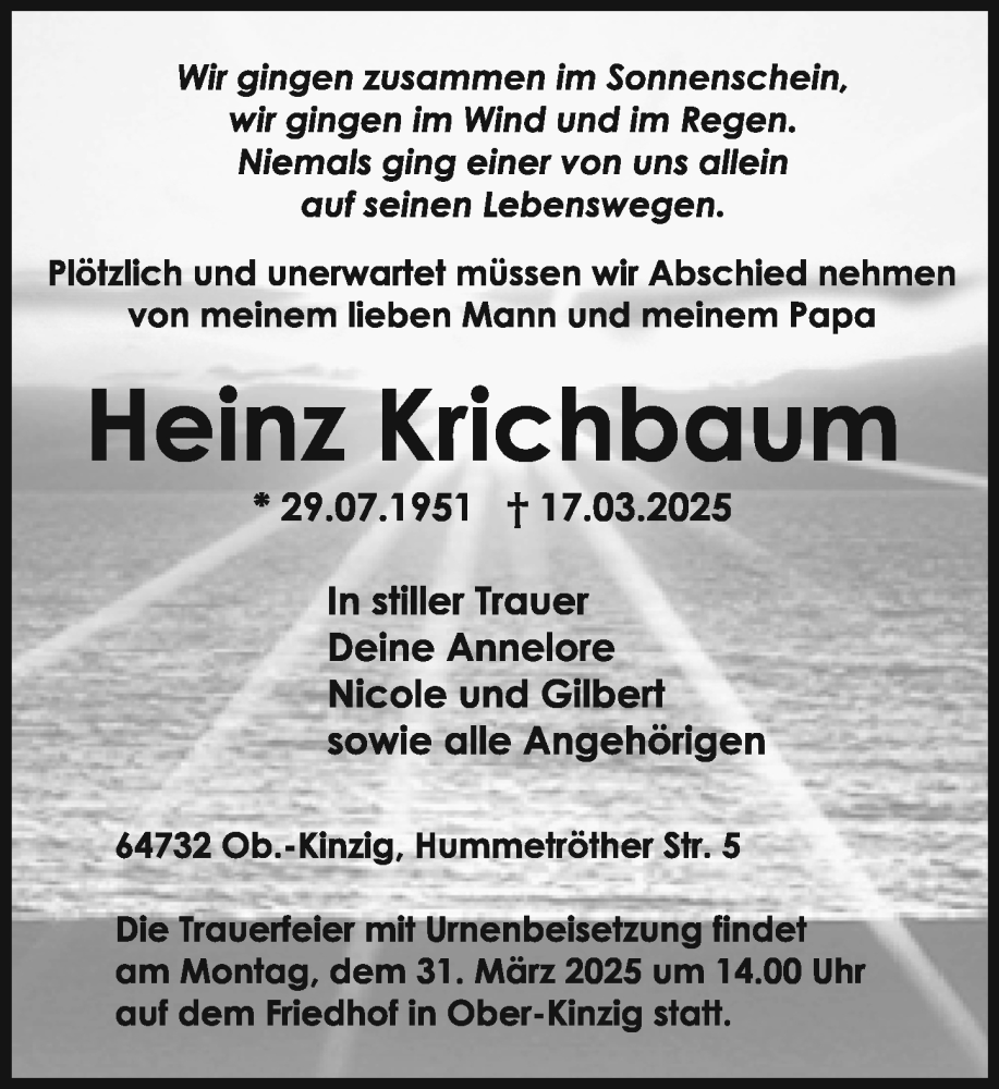  Traueranzeige für Heinz Krichbaum vom 29.03.2025 aus Odenwälder Echo