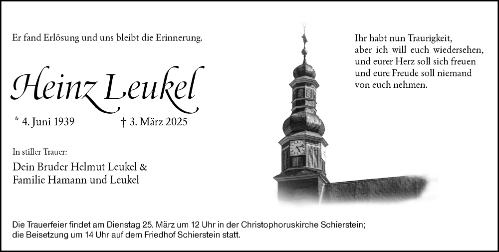  Traueranzeige für Heinz Leukel vom 15.03.2025 aus Wiesbadener Kurier