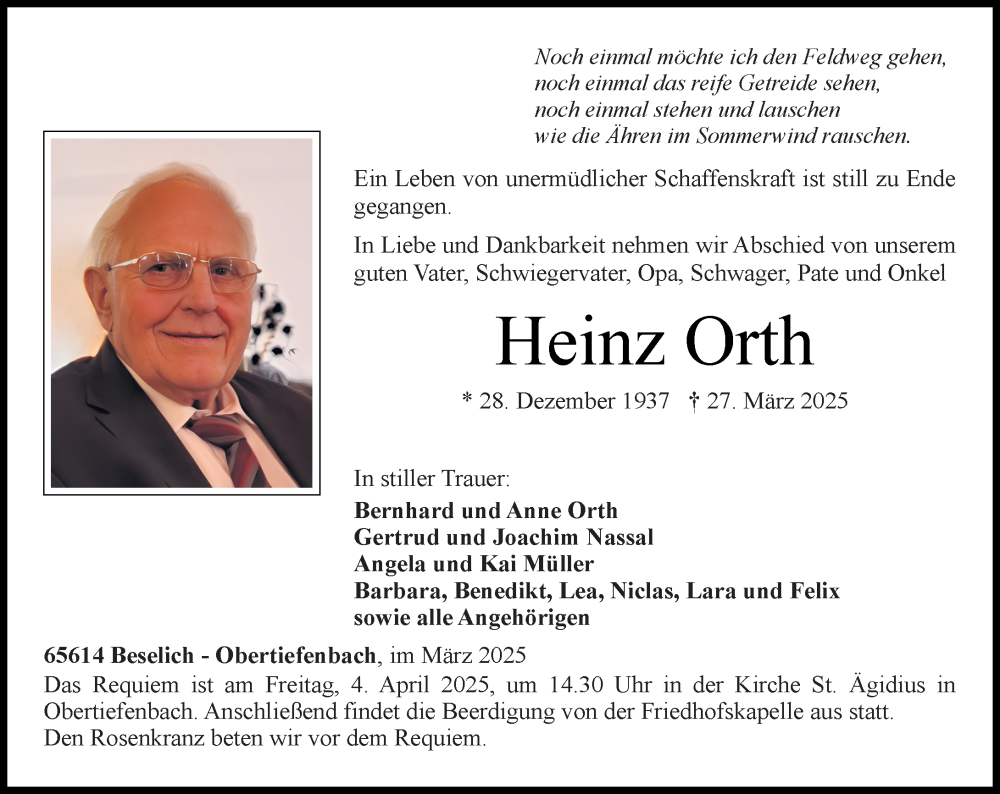  Traueranzeige für Heinz Orth vom 29.03.2025 aus Nassauische Neue Presse