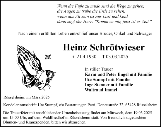 Traueranzeige von Heinz Schrötwieser von Rüsselsheimer Echo
