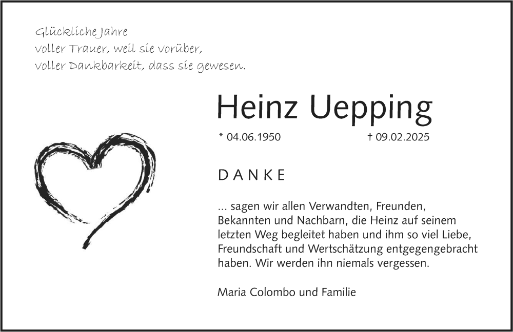  Traueranzeige für Heinz Uepping vom 15.03.2025 aus Allgemeine Zeitung Mainz