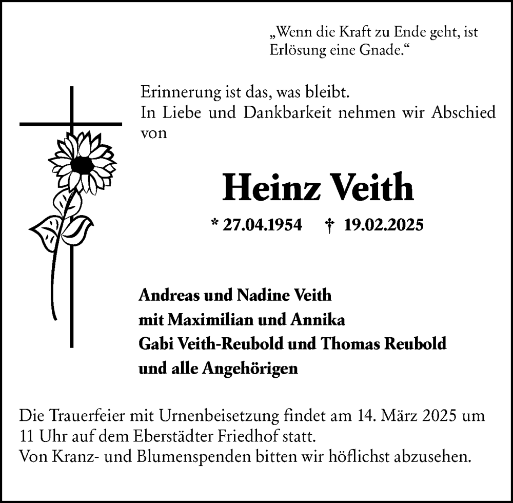  Traueranzeige für Heinz Veith vom 01.03.2025 aus Darmstädter Echo