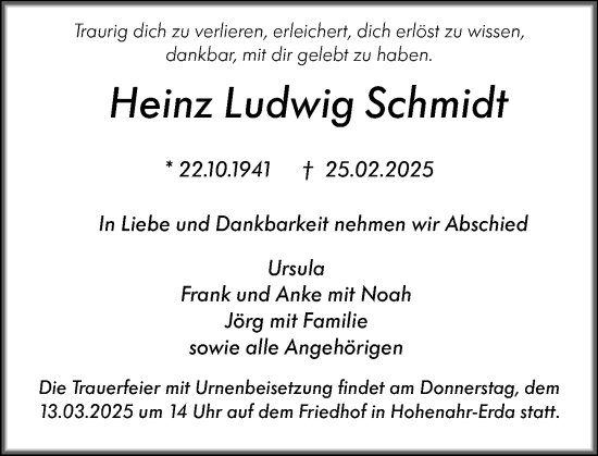 Traueranzeige von Heinz Ludwig Schmidt von Wetzlarer Neue Zeitung