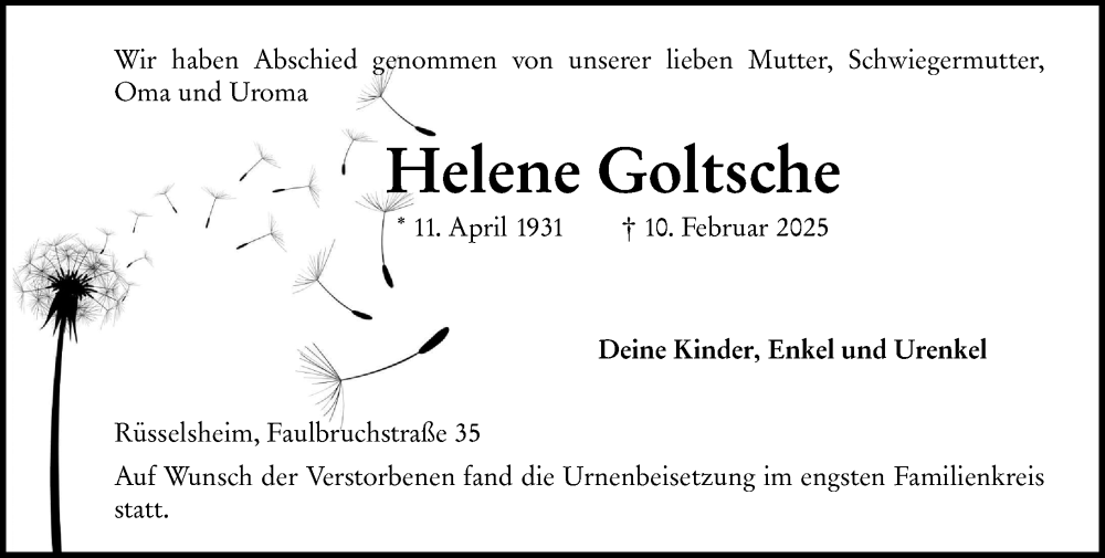  Traueranzeige für Helene Goltsche vom 01.03.2025 aus Rüsselsheimer Echo