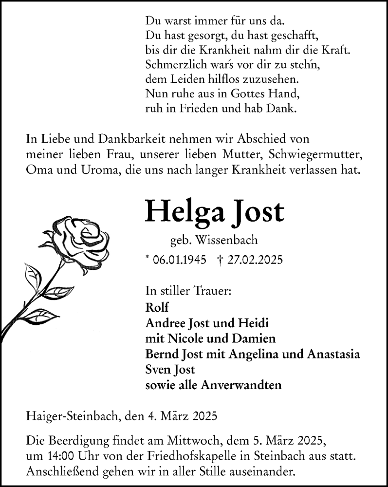  Traueranzeige für Helga Jost vom 04.03.2025 aus Dill Block