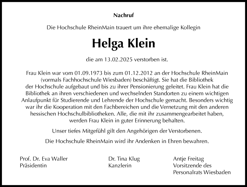  Traueranzeige für Helga Klein vom 15.03.2025 aus Wiesbadener Kurier