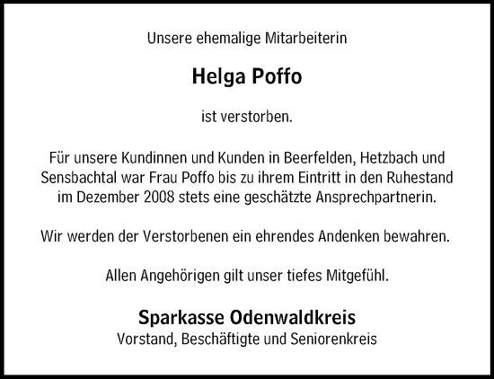 Traueranzeige von Helga Poffo von Odenwälder Echo