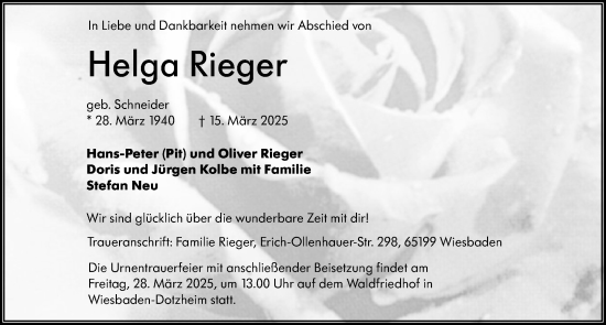 Traueranzeige von Helga Rieger von Wiesbadener Kurier