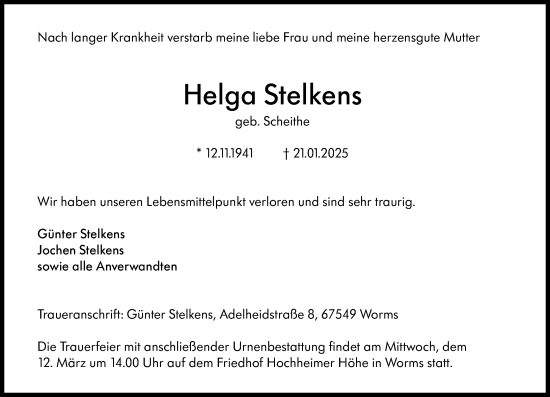 Traueranzeige von Helga Stelkens von Wormser Zeitung