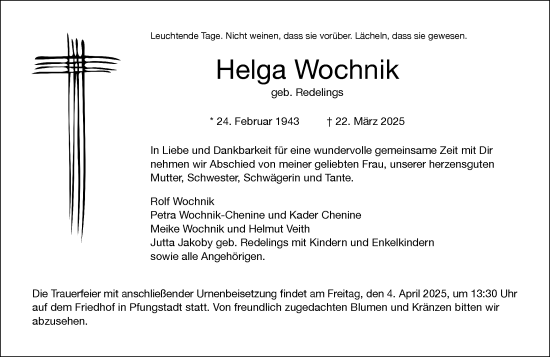 Traueranzeige von Helga Wochnik von Darmstädter Echo