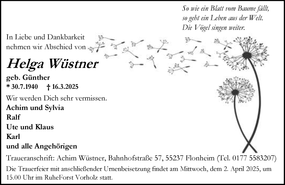  Traueranzeige für Helga Wüstner vom 22.03.2025 aus Wiesbadener Kurier