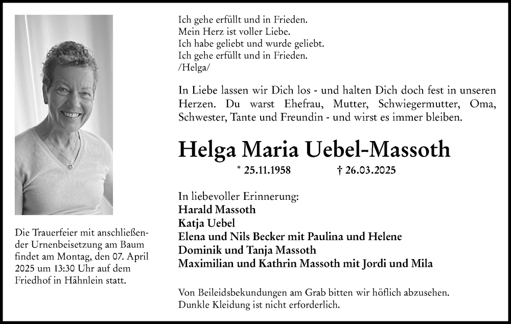  Traueranzeige für Helga Maria Uebel-Massoth vom 29.03.2025 aus Darmstädter Echo