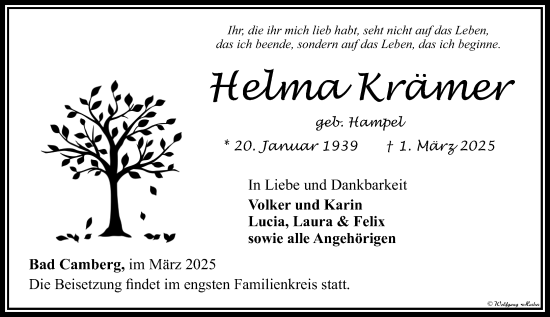 Traueranzeige von Helma Krämer von Camberger Anzeiger