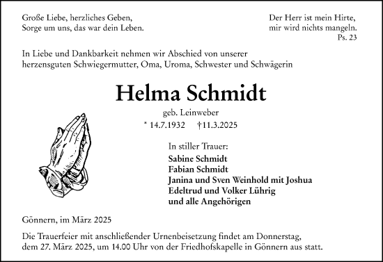 Traueranzeige von Helma Schmidt von Hinterländer Anzeiger