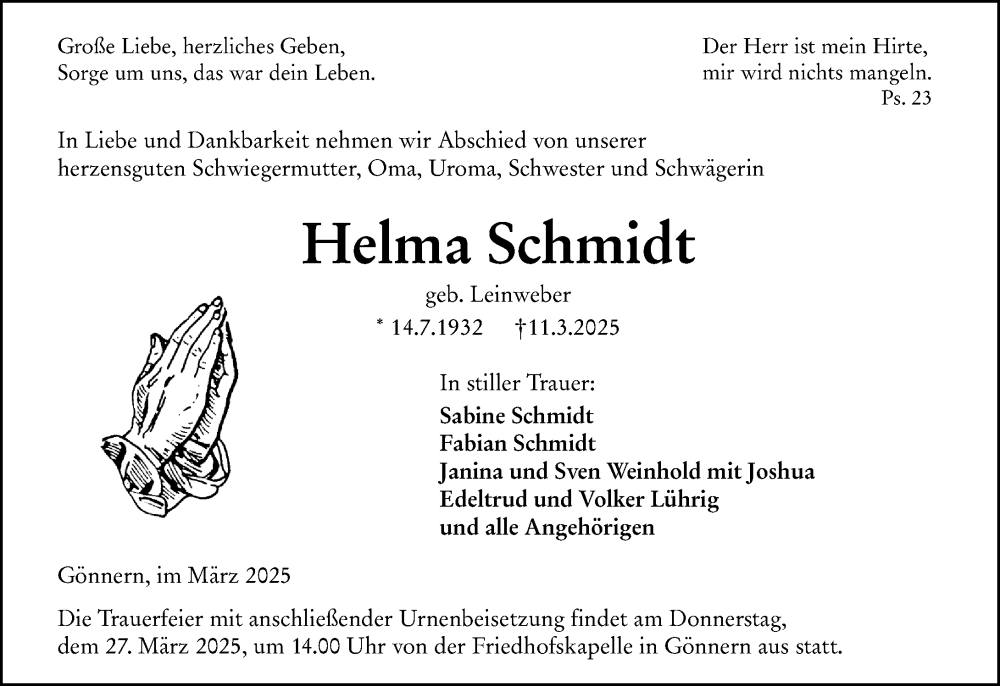  Traueranzeige für Helma Schmidt vom 21.03.2025 aus Hinterländer Anzeiger