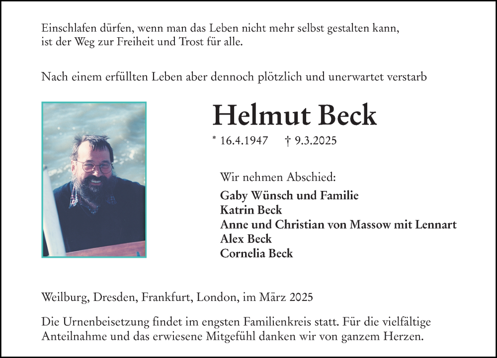  Traueranzeige für Helmut Beck vom 22.03.2025 aus Weilburger Tageblatt