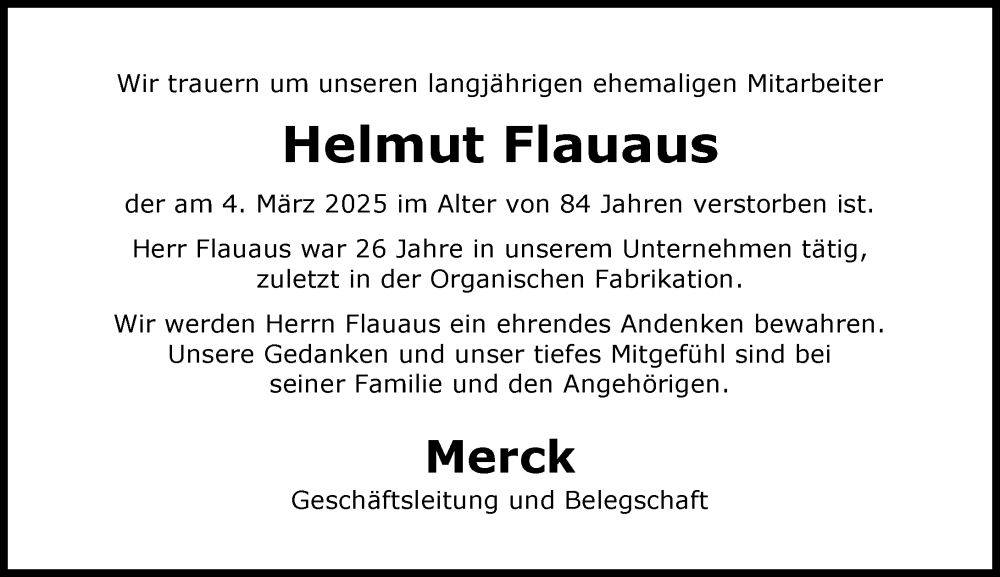  Traueranzeige für Helmut Flauaus vom 21.03.2025 aus Darmstädter Echo