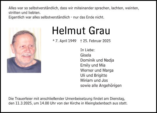 Traueranzeige von Helmut Grau von Hinterländer Anzeiger