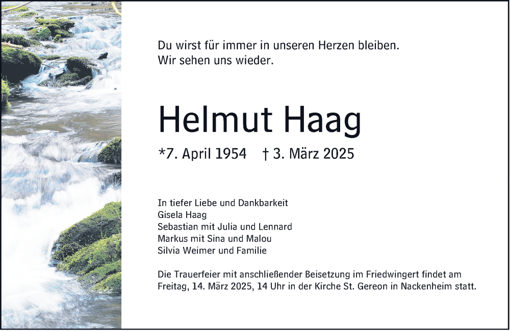  Traueranzeige für Helmut Haag vom 08.03.2025 aus Allgemeine Zeitung Mainz