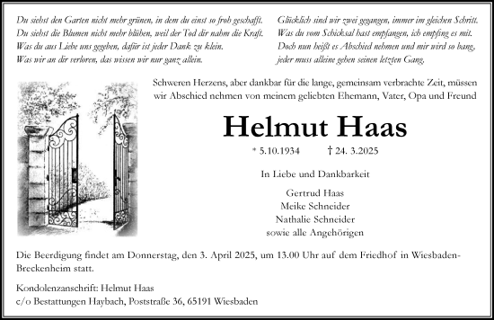 Traueranzeige von Helmut Haas von Wiesbadener Kurier