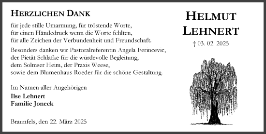 Traueranzeige von Helmut Lehnert von Wetzlarer Neue Zeitung